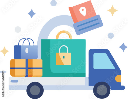 Fantasy glowing icon where a shopping cart transforms into a delivery truck carrying credit cards and gift cards with a secure lock floating above.
