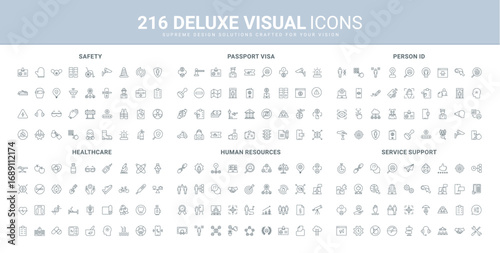 Person identification, human resources, online support service, safety line icon set. ID card and passport, visa approval and control of documents, thin black outline symbols vector illustration