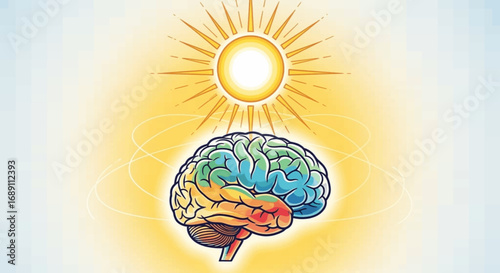 A vibrant, color-coded human brain illuminated by a bright, radiating sun, symbolizing mental clarity, creative thought, and cognitive well-being.