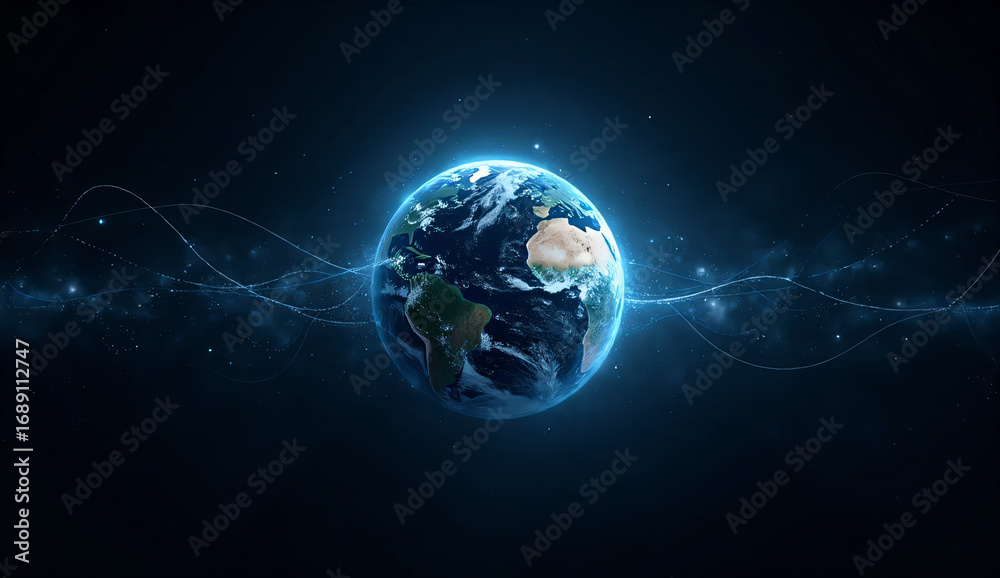 Fototapeta premium Night view of planet Earth from space with glowing light lines showing global communication networks.
