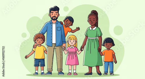 A happy, diverse family of six, with two adults and four children, stands united against a soft green background, symbolizing modern family unity and love.