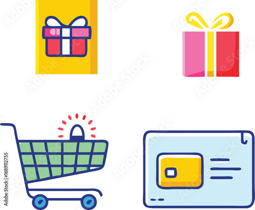 Pop art colourful icons of credit card, shopping cart, and gift card.
