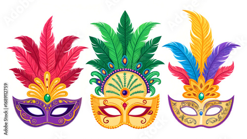 Set collection of colorful Mardi Gras carnival masks isolated as clipart illustrations.