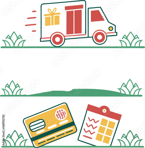 Papercut effect colourful icons of delivery truck, gift card, secure checkout, and credit card.