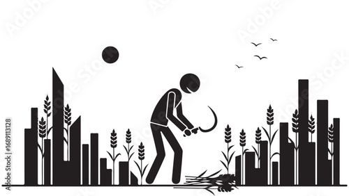 Rural Harvest Scene with City Skyline Silhouette