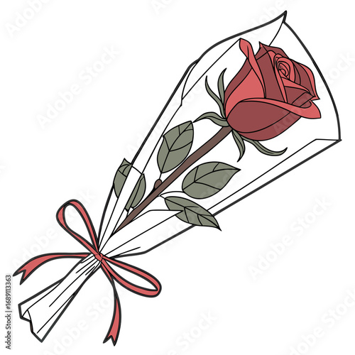 A single red rose elegantly wrapped in clear cellophane with a red ribbon bow