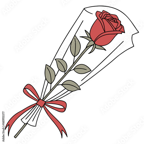A single red rose in cellophane wrap tied with a red ribbon and bow