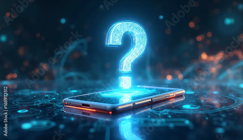 Smartphone displaying a glowing digital question mark hologram over an abstract technology background.