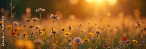 Golden hour light bathes dried wildflowers and fading foliage, signifying the end of summer A nostalgic scene of late summer's gentle decline , texture, season, tranquility