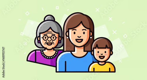 A colorful vector illustration depicts three generations of a happy family, featuring a grandmother, mother, and child, symbolizing enduring love and strong familial bonds.