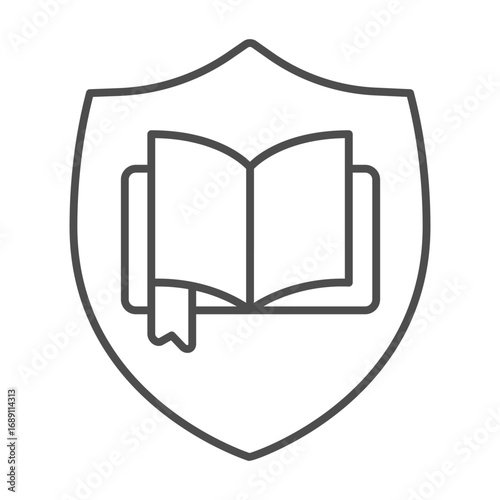 Book with bookmark on shield thin line icon, book festival concept. Vector graphics. Textbook with safety emblem, secure sign on white background, outline style icon for mobile or web design.