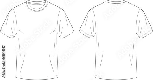Front and back view of plain crew neck t-shirt with short sleeves, casual clothing design, minimalistic style, cad drawing flat vector illustration