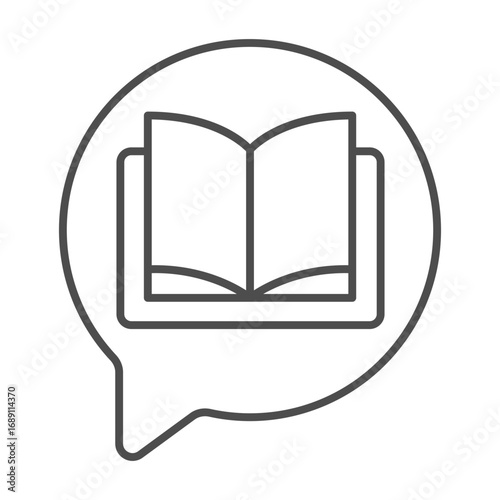 Book in talk dialog popup thin line icon, book festival concept. Vector graphics. Story textbook on speech bubble, reading sign on white background, outline style icon for mobile or web design.