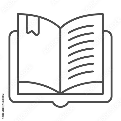 Textbook with bookmark thin line icon, book festival concept. Vector graphics. Opened book page for reading sign on white background, outline style icon for mobile or web design.
