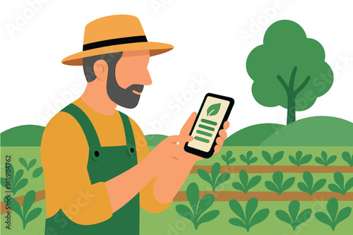 A farmer in overalls and a hat holds a smartphone displaying agricultural data, standing in a vibrant green field with rows of crops.