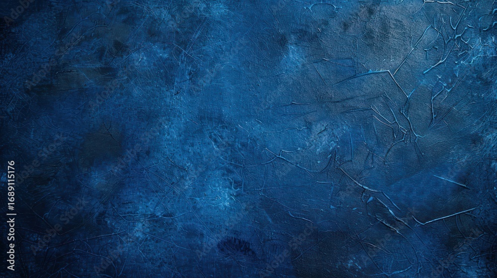 Fototapeta premium Deep, textured blue surface with abstract cloud-like patterns and linear scratches