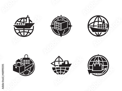 Global Trade and Shipping Logistics Icon Set in Black and White for Business and Transportation Concepts worldwide network