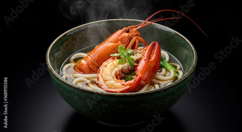 Steaming bowl of udon noodles topped with a cooked lobster and green onions in a dark green bowl against a black backdrop
