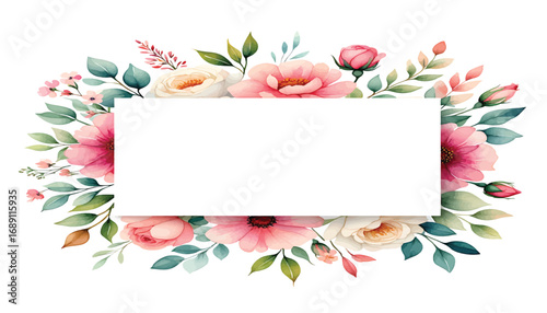 Floral frame with blank space for text, delicate watercolor illustration