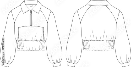 Front and back view of stylish cropped sweatshirt with half zipper, elastic waistband, long sleeves, collar, casual wear, cad drawing flat vector illustration