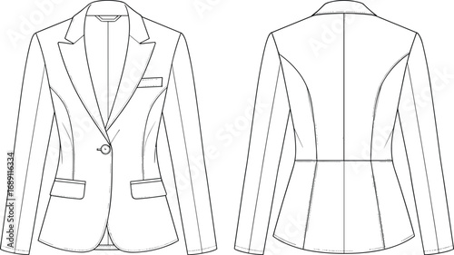 Front and back view of tailored women's blazer jacket with lapel collar, button closure, fitted silhouette, pocket details, cad drawing flat vector illustration