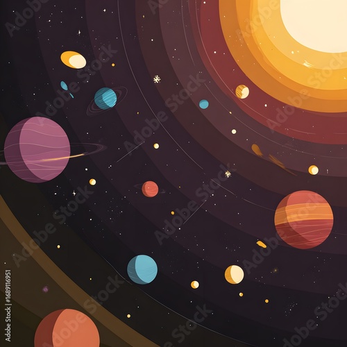 Cartoon illustration of a solar system with planets stars and a large sun in a dark background