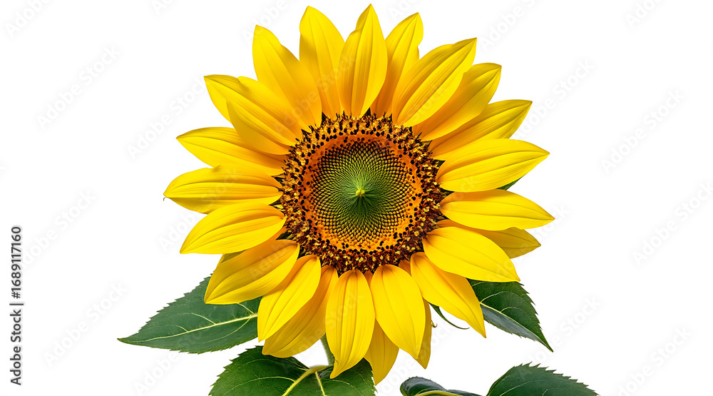 Fototapeta premium Vibrant yellow sunflower with detailed seeds and green leaves isolated on white background, showcasing natural beauty and bright colors