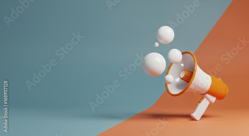 Loudspeaker Announcement Concept. White Megaphone with Spheres on Blue and Orange Background. Communication Marketing Promotion News Concept