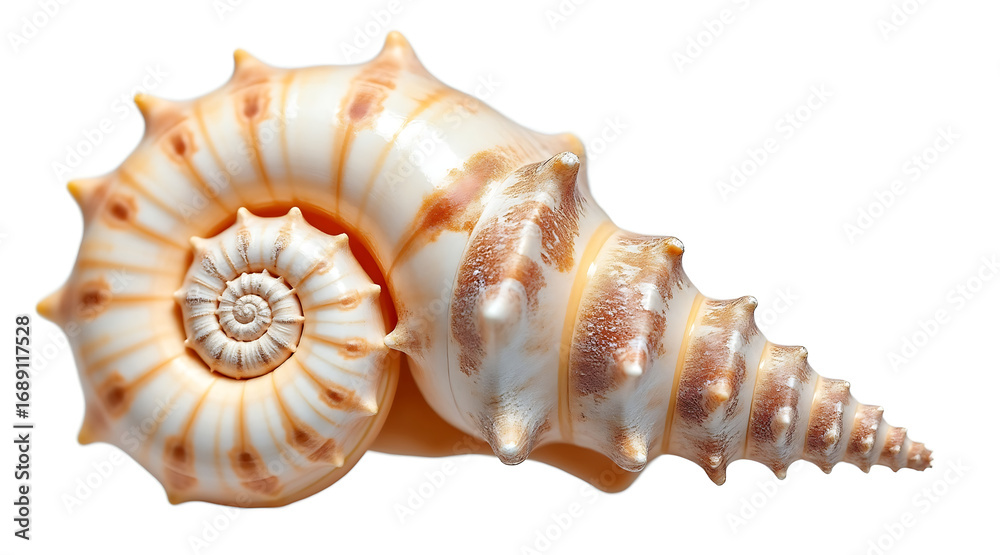 Obraz premium Close up macro shot of elegant seashell with spiral texture and natural brown and white colors, isolated on white background