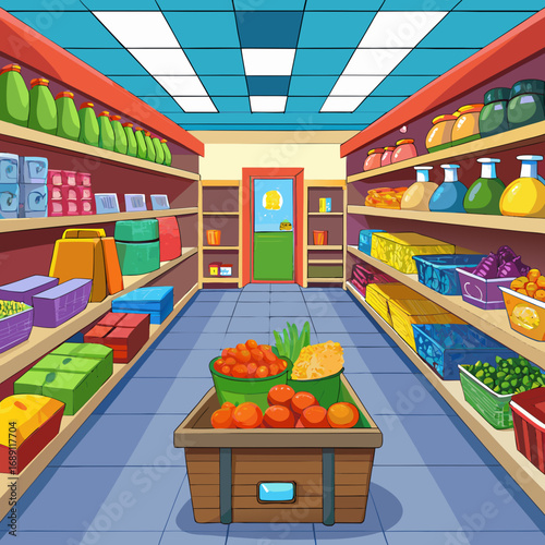 Cartoon supermarket aisles with tidy shelves full of colorful products vector illustration
