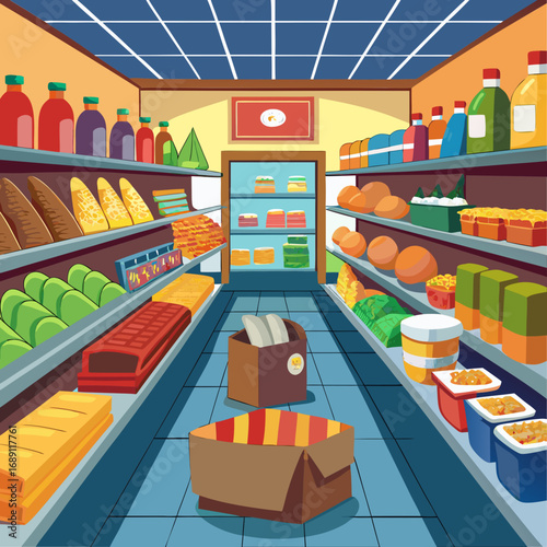 Vibrant cartoon grocery store aisle with products bakery and shelves illustration