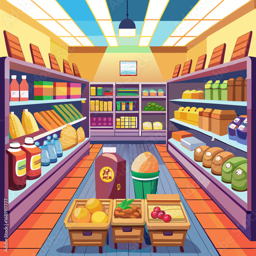 Cartoon grocery store aisle with bread and produce vector illustration food shopping
