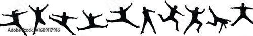 Silhouettes of People Jumping in Various Dynamic Poses, Expressing Joy, Freedom, Celebration, Energy, Happiness, and Active Lifestyle Movement Art