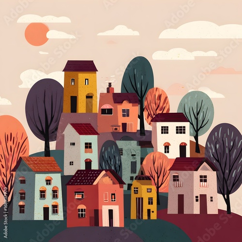 A cartoon illustration of a neighborhood with houses and trees under a cloudy sky and a sun shape