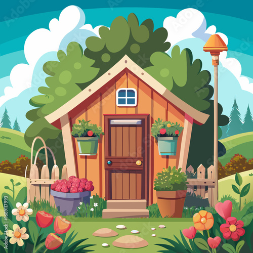Cute cozy garden shed vector illustration with vibrant flowers and lush greenery scalable art