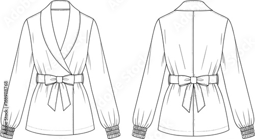 Front and back view of women's belted jacket with shawl collar, gathered cuffs, long sleeves, stylish fashion design, cad drawing flat vector illustration