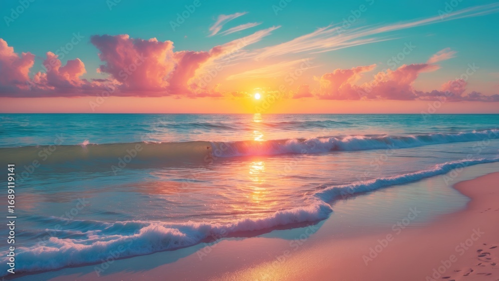 Fototapeta premium Sunset over the ocean at the beach with colorful clouds and reflections on the water. Scenic view of a peaceful coastal landscape during twilight.