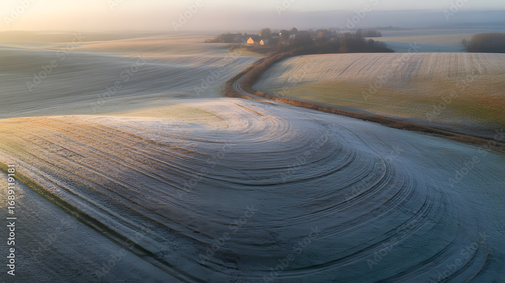 Fototapeta premium Golden hour aerial of winter landscape. Frost-kissed rolling fields show elegant patterns. A winding path leads to distant sunlit farm buildings under a serene sky.