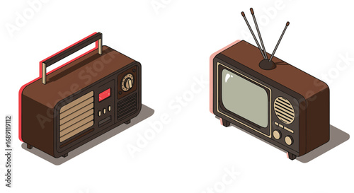 Retro isometric designs of vintage radio and television on white background