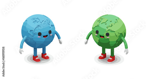 Two cute anthropomorphic earth characters in 3d with smiling faces and red shoes