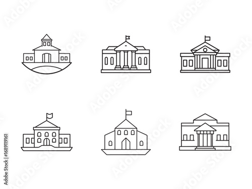 Line art illustrations of various government buildings architecture and iconic civic structures for legal or educational themes