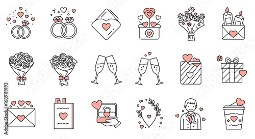 Romantic celebration icons: linear love and wedding theme design elements