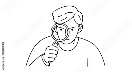 Focused character analyzing with magnifying glass in minimalist black and white style