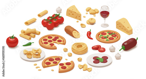 Isometric italian cuisine elements with pizza, pasta, and ingredients for design