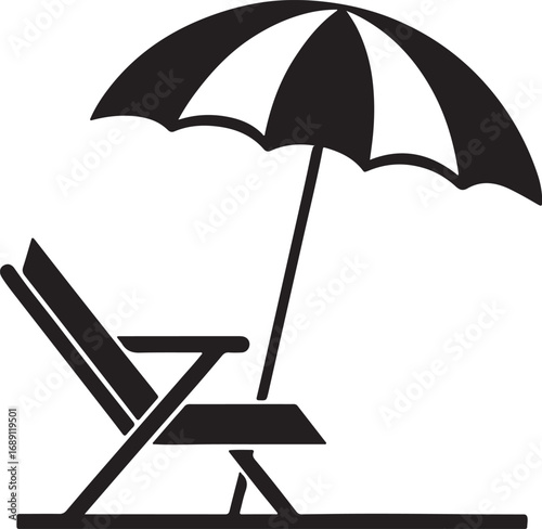 beach umbrella and chair silhouette, vector and illustration, black and white