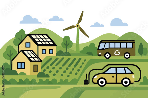 Illustration depicts a rural landscape with solar-powered homes, a wind turbine, an electric bus, and an electric car charging.