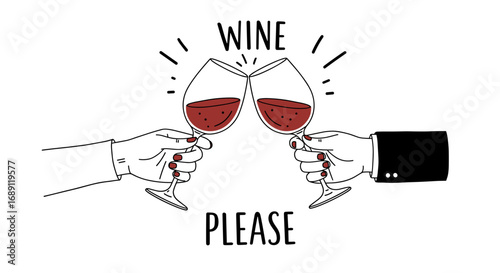 Cheers with red wine glasses in minimalist hand-drawn style