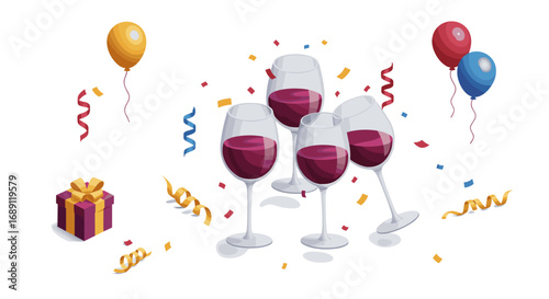Celebratory party scene with wine glasses, balloons, and gift box
