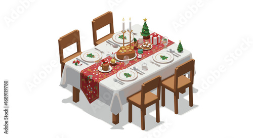 Festive christmas dinner table with roast turkey and holiday decor in isometric style