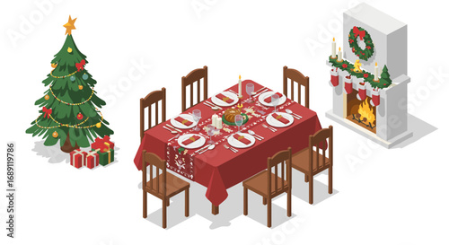 Cozy christmas dining room with decorated tree and fireplace